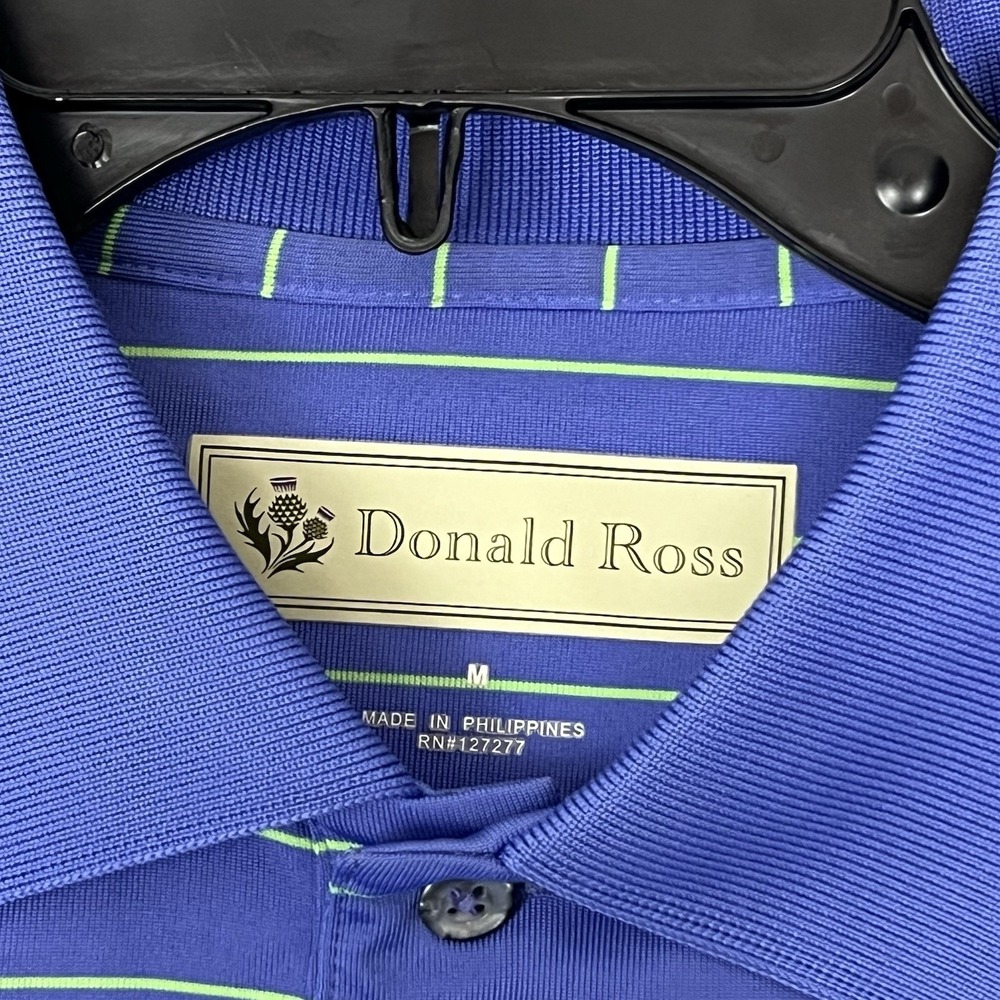 DONALD ROSS Golf Shirt Medium Short Sleeve Blue w/Green Stripe Polyester - Picture 3 of 11